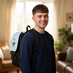 A smiling young man wearing a navy blue crewneck sweatshirt and a black backpack with a light blue custom fabric cover featuring a cartoon rooster and the name 'Kean'. He is standing in a brightly lit, modern living room.