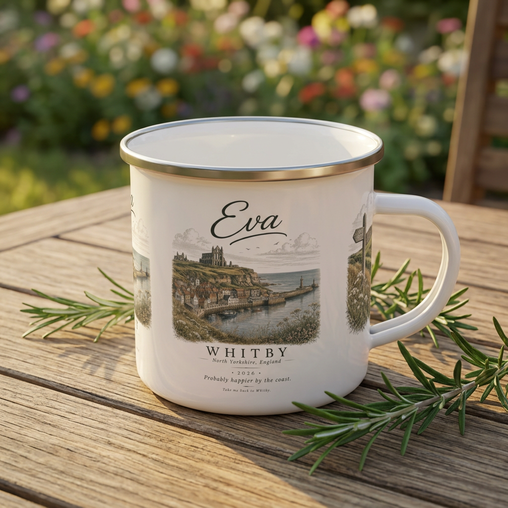 Whitby Enamel Camping Mug — Coastal Cottage Vintage Travel Illustration