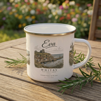 Whitby Enamel Camping Mug — Coastal Cottage Vintage Travel Illustration