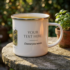 White enamel mug with silver rim, customizable text: YOUR TEXT HERE, Choose your words.