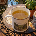 White enamel mug with silver rim, landscape artwork, tea in cup viewed from above.