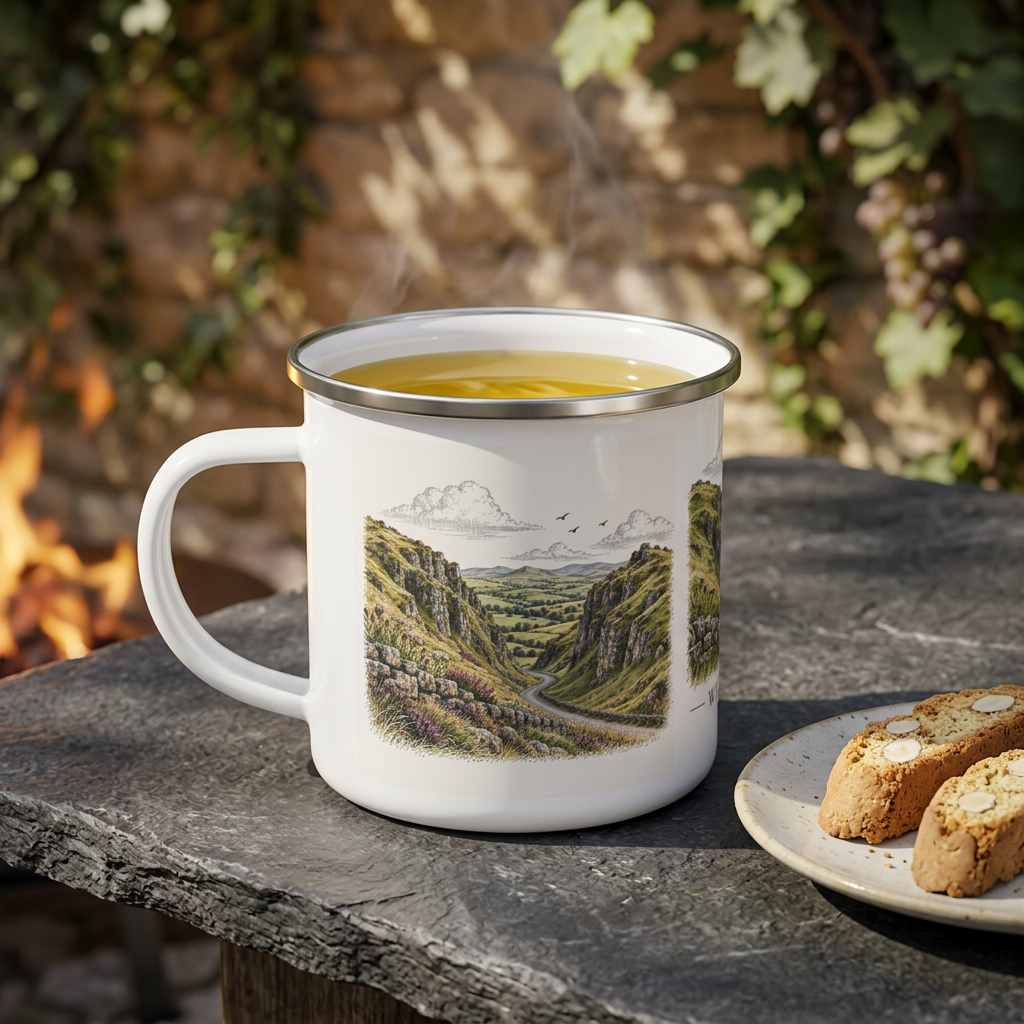 White enamel mug with silver rim, Winnats Pass landscape print and filled with tea.