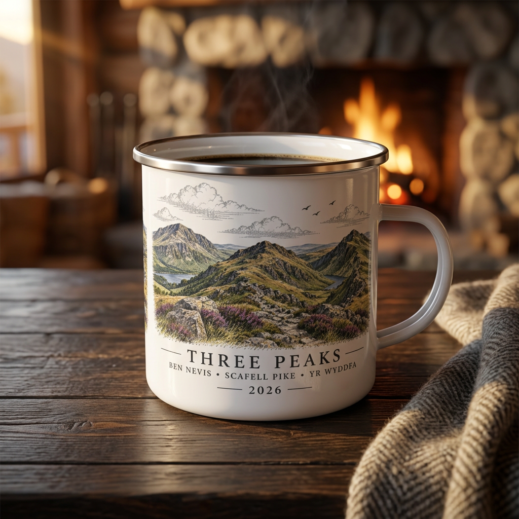 White enamel camping mug with Three Peaks landscape print and silver rim, right handle
