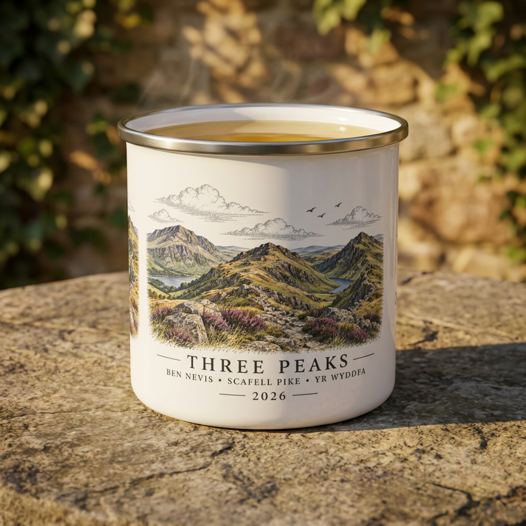 White enamel camping mug with Three Peaks landscape print and gold-tone rim