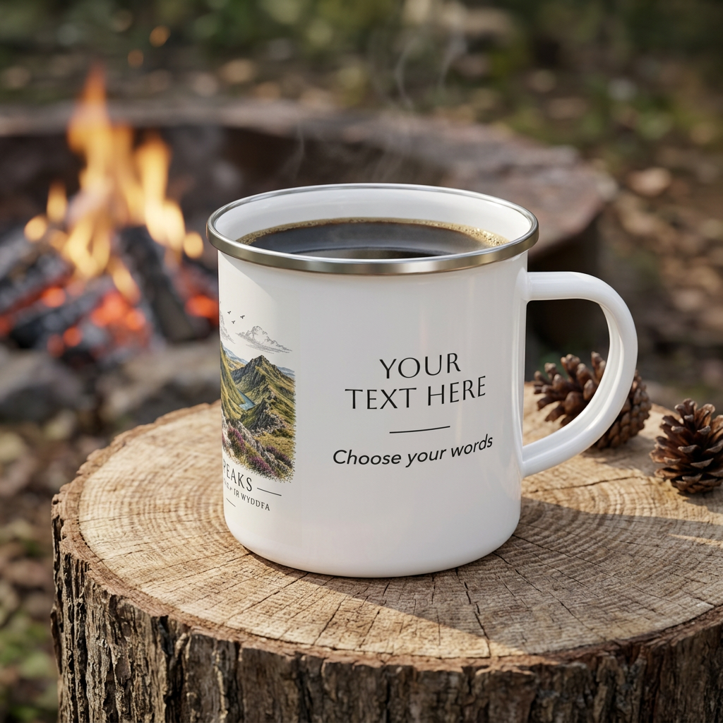 White enamel mug with "YOUR TEXT HERE" and mountain landscape print, silver rim