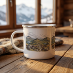 White enamel mug side view with mountain landscape print and silver rim, left handle