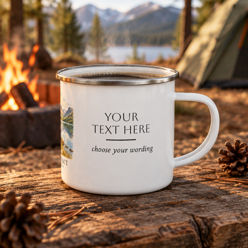 White enamel mug with silver rim, custom text “YOUR TEXT HERE” and landscape print