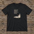 Black hiking T-shirt with woods scene graphic and quote text on front