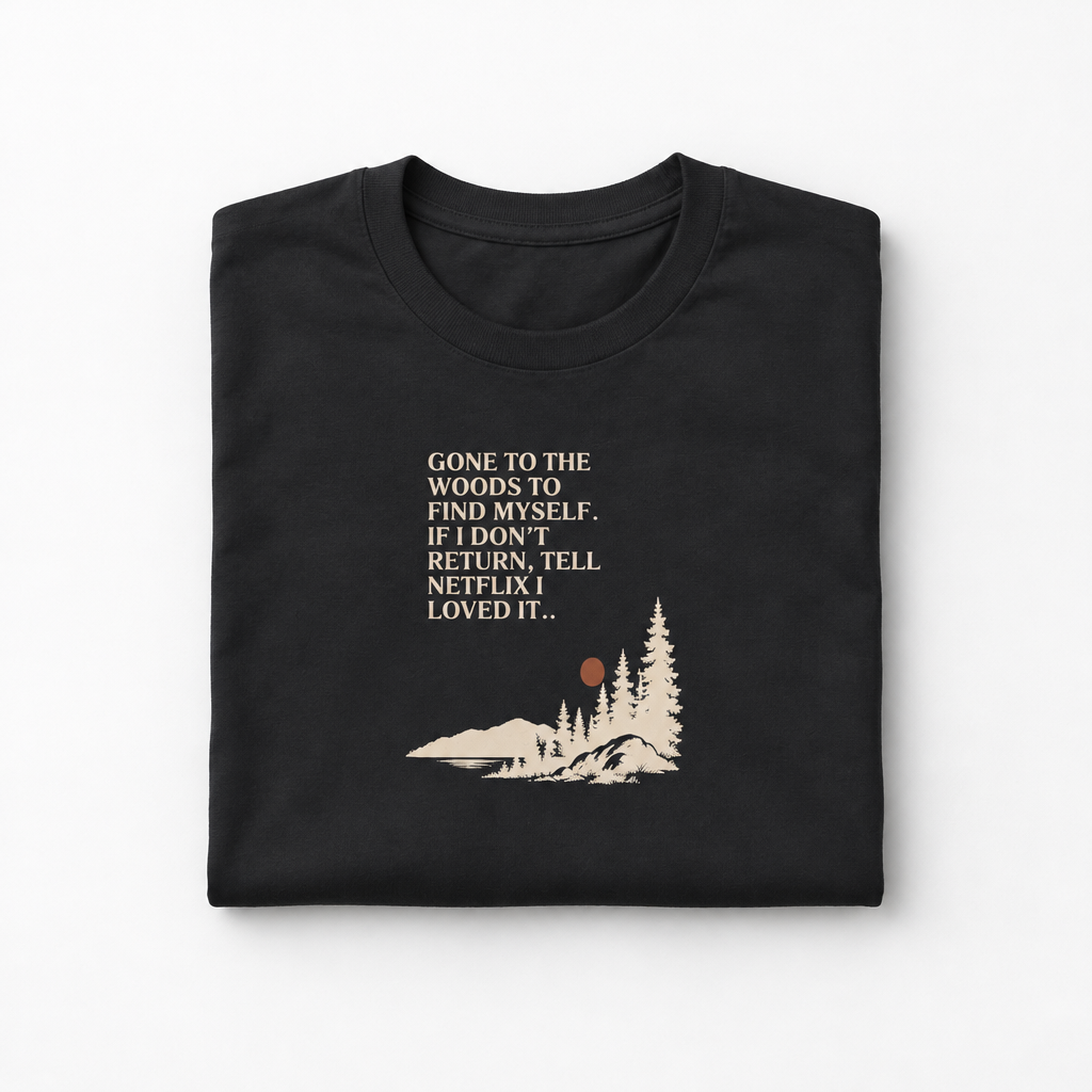 Dark gray hiking T-shirt with woods graphic and quote print on front