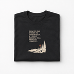 Dark gray hiking T-shirt with woods graphic and quote print on front