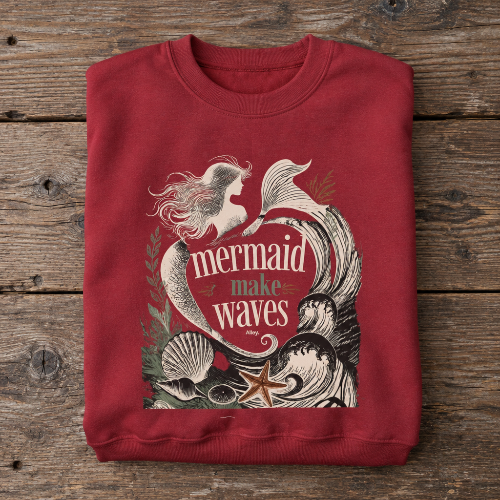 Unisex crewneck sweatshirt in antique cherry red with mermaid 'make waves' graphic