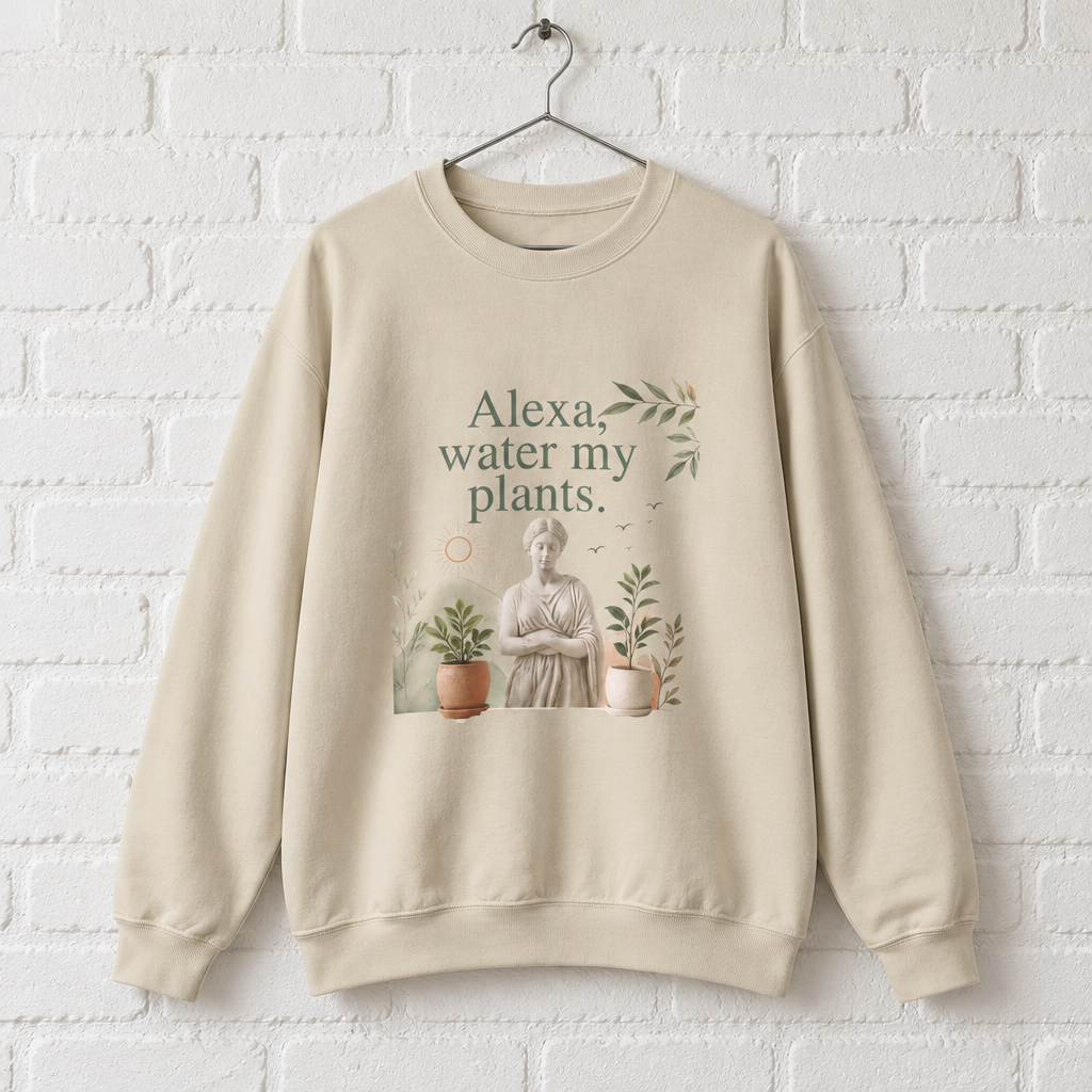 Sand sweatshirt with crew neck and front plant-themed slogan graphic in green and gold