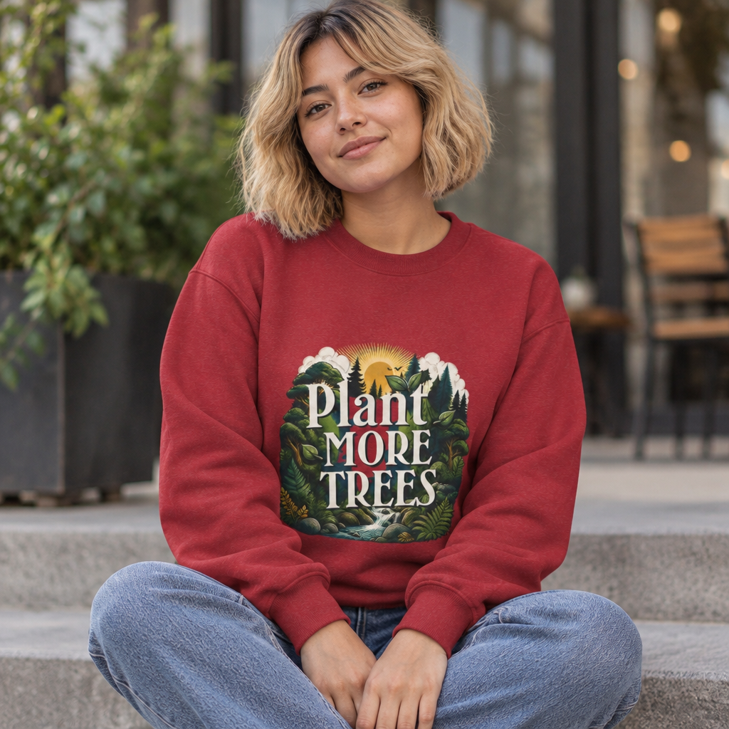 Unisex red sweatshirt with “Plant More Trees” nature graphic, worn with blue jeans