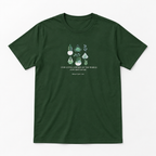 Forest green botanical t-shirt with illustrated plants and white slogan print