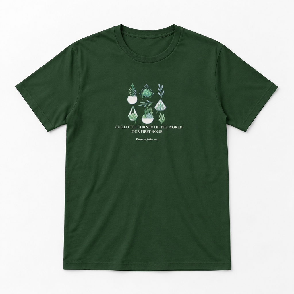Forest green botanical t-shirt with illustrated plants and white slogan print