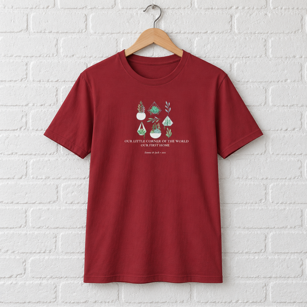 Burgundy botanical t-shirt with green plant graphic and white slogan text