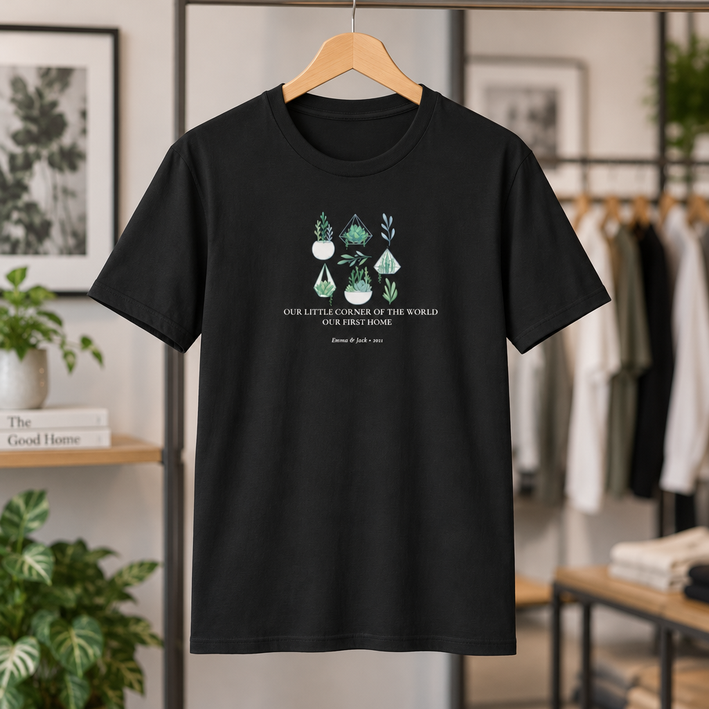 Black botanical t-shirt with green and white plant graphic and small slogan print