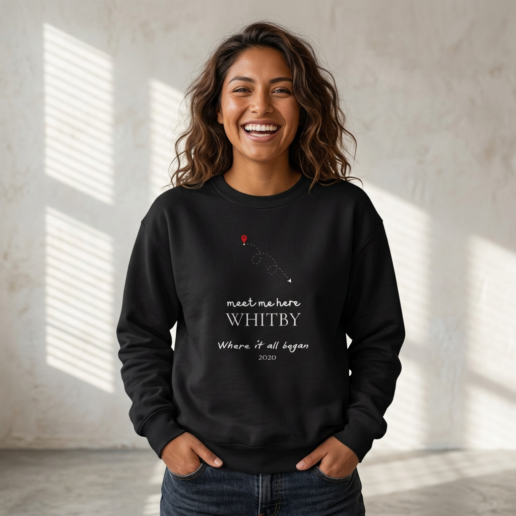 Black personalised place name sweatshirt on model with WHITBY 'meet me here' print