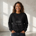 Black personalised place name sweatshirt on model with WHITBY 'meet me here' print