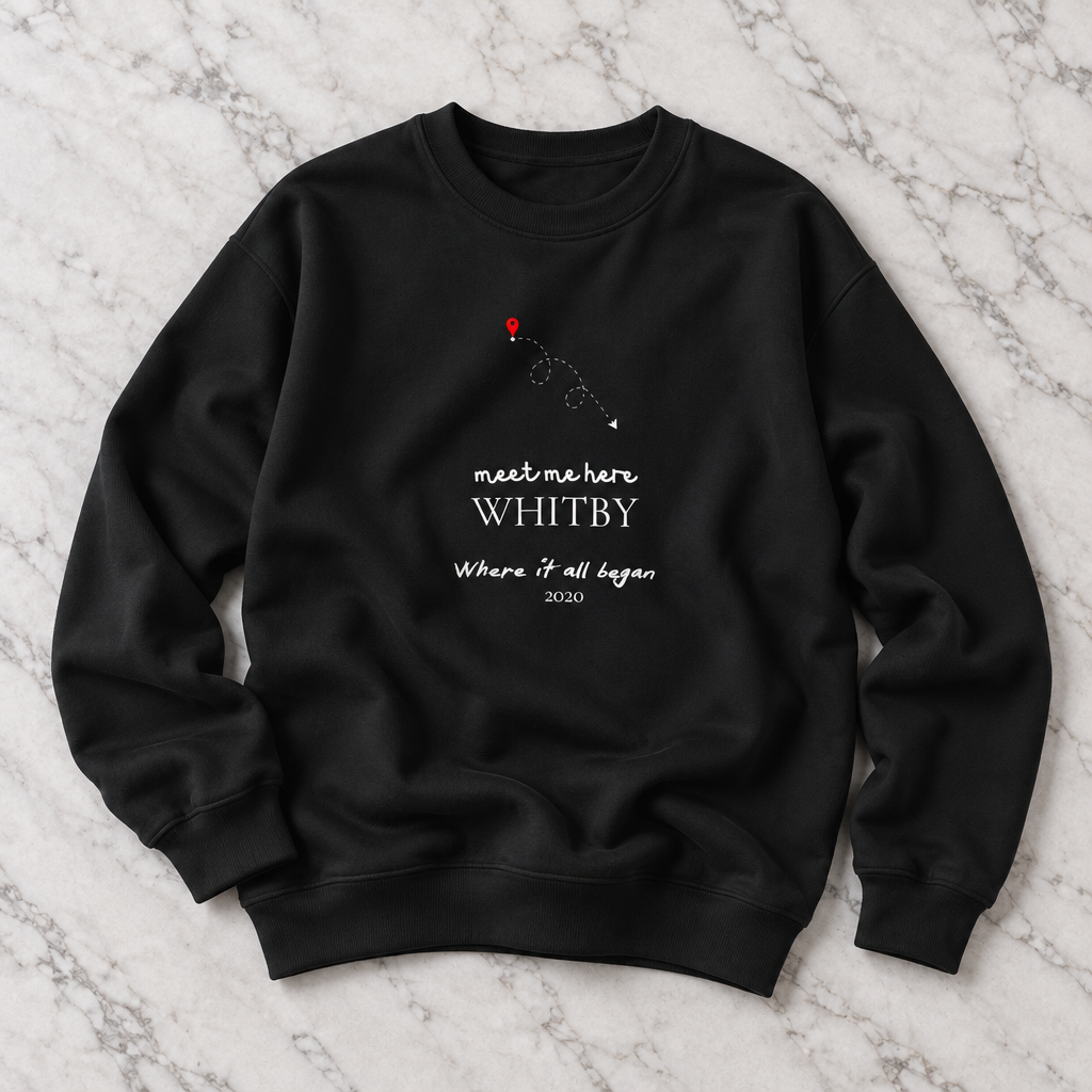 Black personalised place name sweatshirt with 'meet me here' WHITBY print