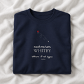 Navy personalised place name sweatshirt with 'meet me here' WHITBY print