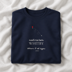 Navy personalised place name sweatshirt with 'meet me here' WHITBY print