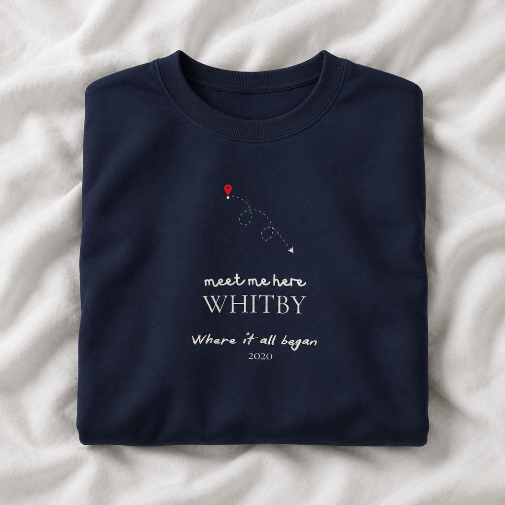 Navy personalised place name sweatshirt with 'meet me here' WHITBY print