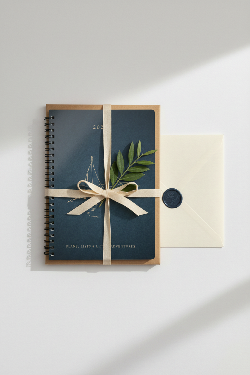 Blue A5 spiral notebook with sailboat cover and bow ribbon.