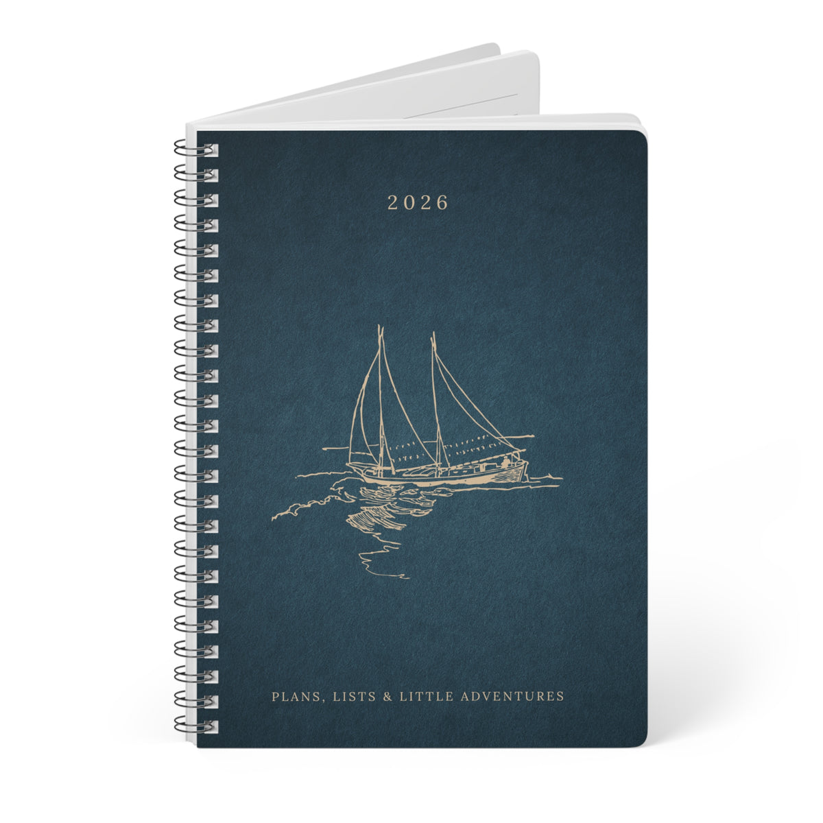 Dark teal A5 spiral notebook with sailboat cover art, 2026, and lined interior
