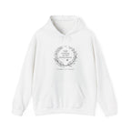 White personalised couples hoodie with front pouch pocket and wreath honeymoon print