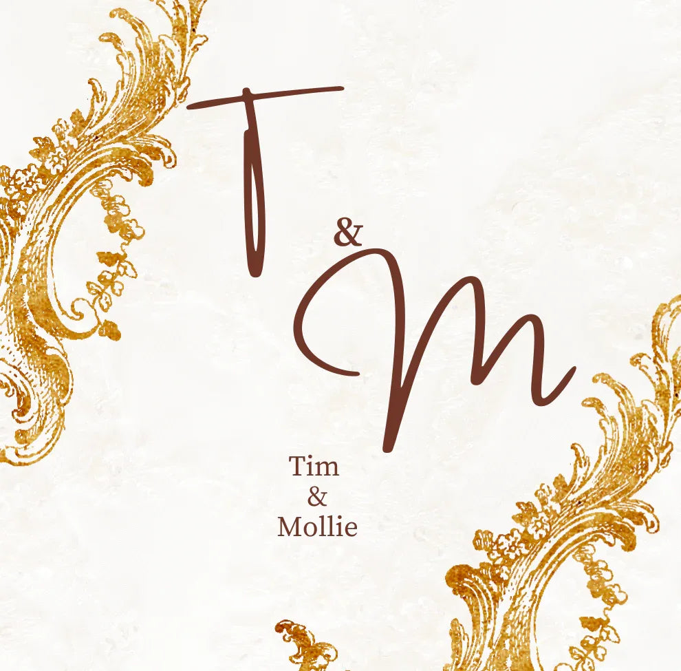 White mug front design with gold filigree border and dark red initials with names