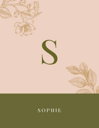 Personalised A5 notebook close-up with initial S and name SOPHIE on blush and olive cover