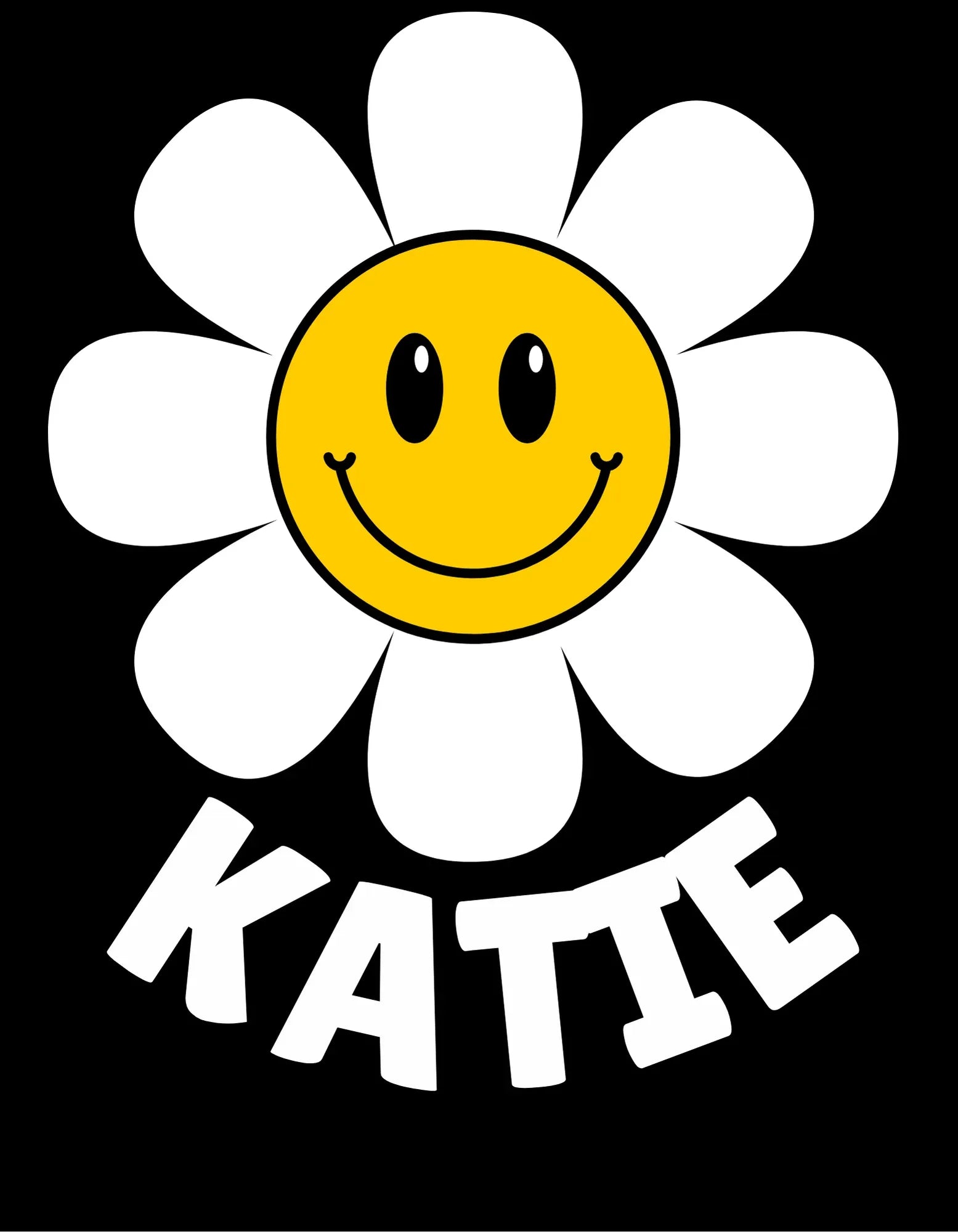 Smiley flower patch graphic with yellow face and white petals on black.