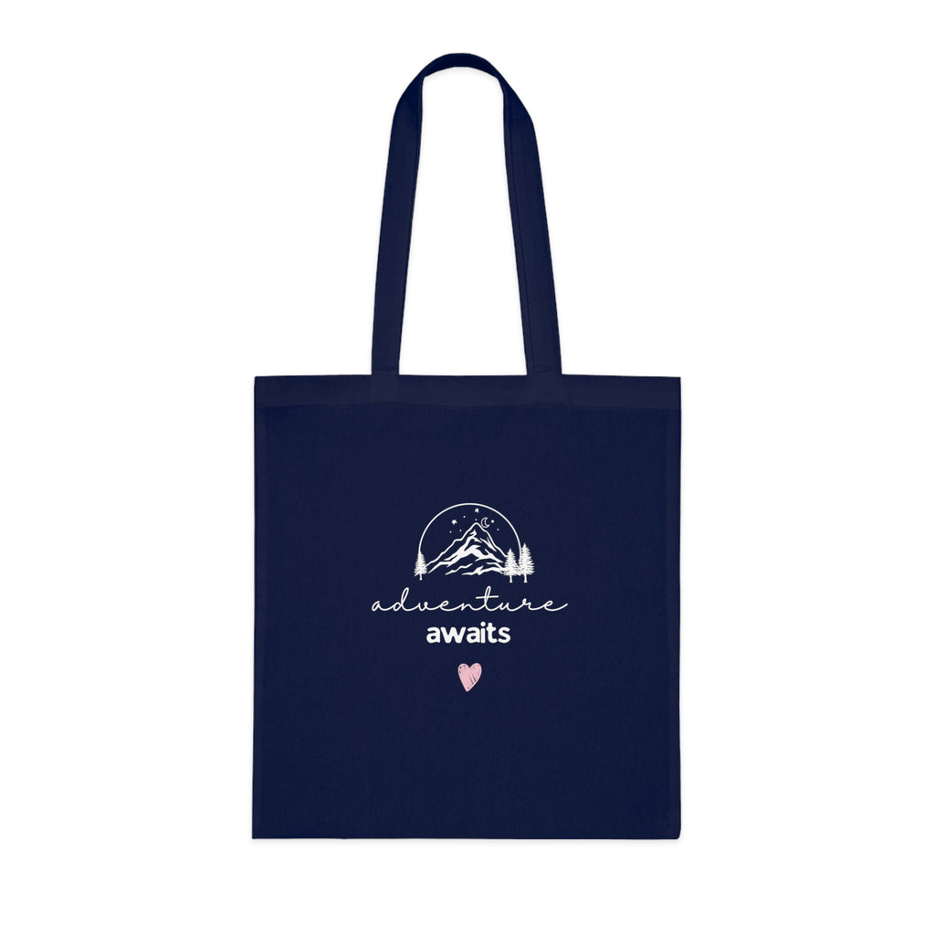 Navy blue cotton tote bag with mountain sketch, 'adventure awaits' text and pink heart