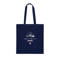 Navy blue cotton tote bag with mountain sketch, 'adventure awaits' text and pink heart