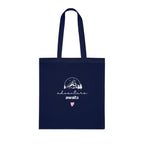 Navy blue cotton tote bag with mountain sketch, 'adventure awaits' text and pink heart
