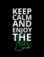 Black sweatshirt graphic: KEEP CALM AND ENJOY THE waves in green script