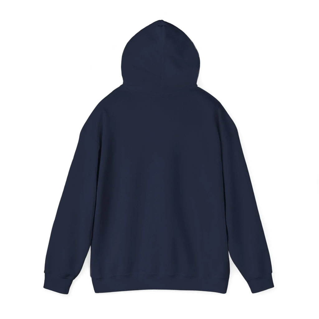 Navy hoodie with hood and long sleeves, plain back view