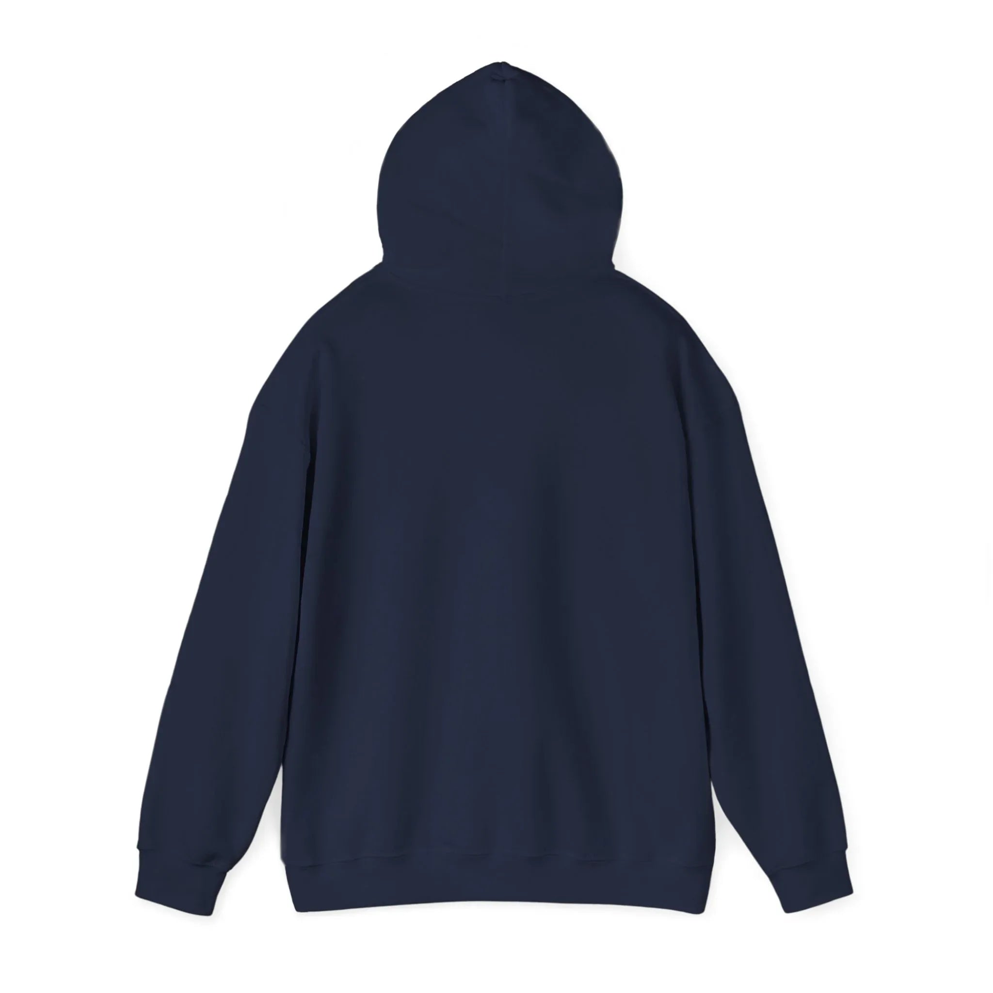 Navy hoodie with hood and long sleeves, plain back view
