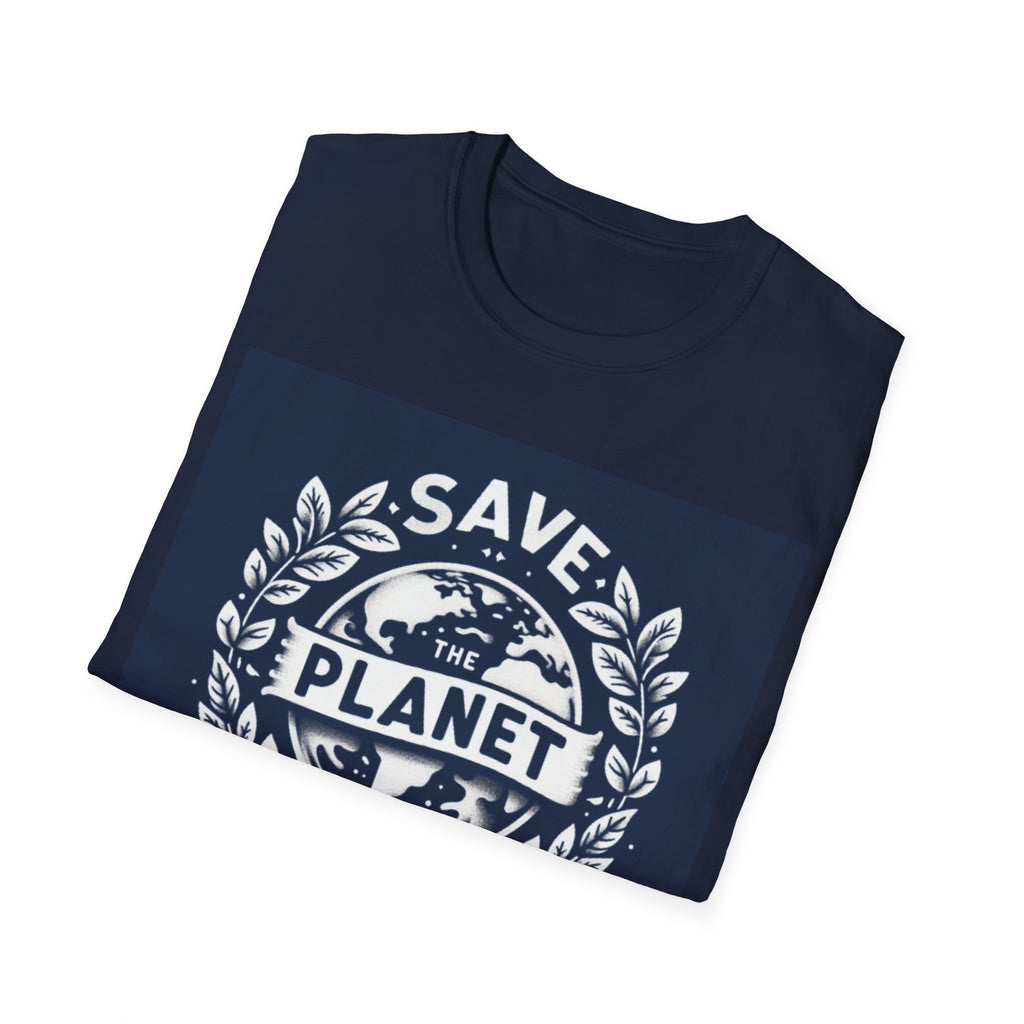 Navy crew-neck T-shirt with 'Save the Planet' globe and leaf logo