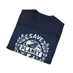 Navy crew-neck T-shirt with 'Save the Planet' globe and leaf logo