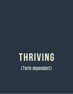 Dark coffee mug with “THRIVING” and “(Term dependant)” printed across the front