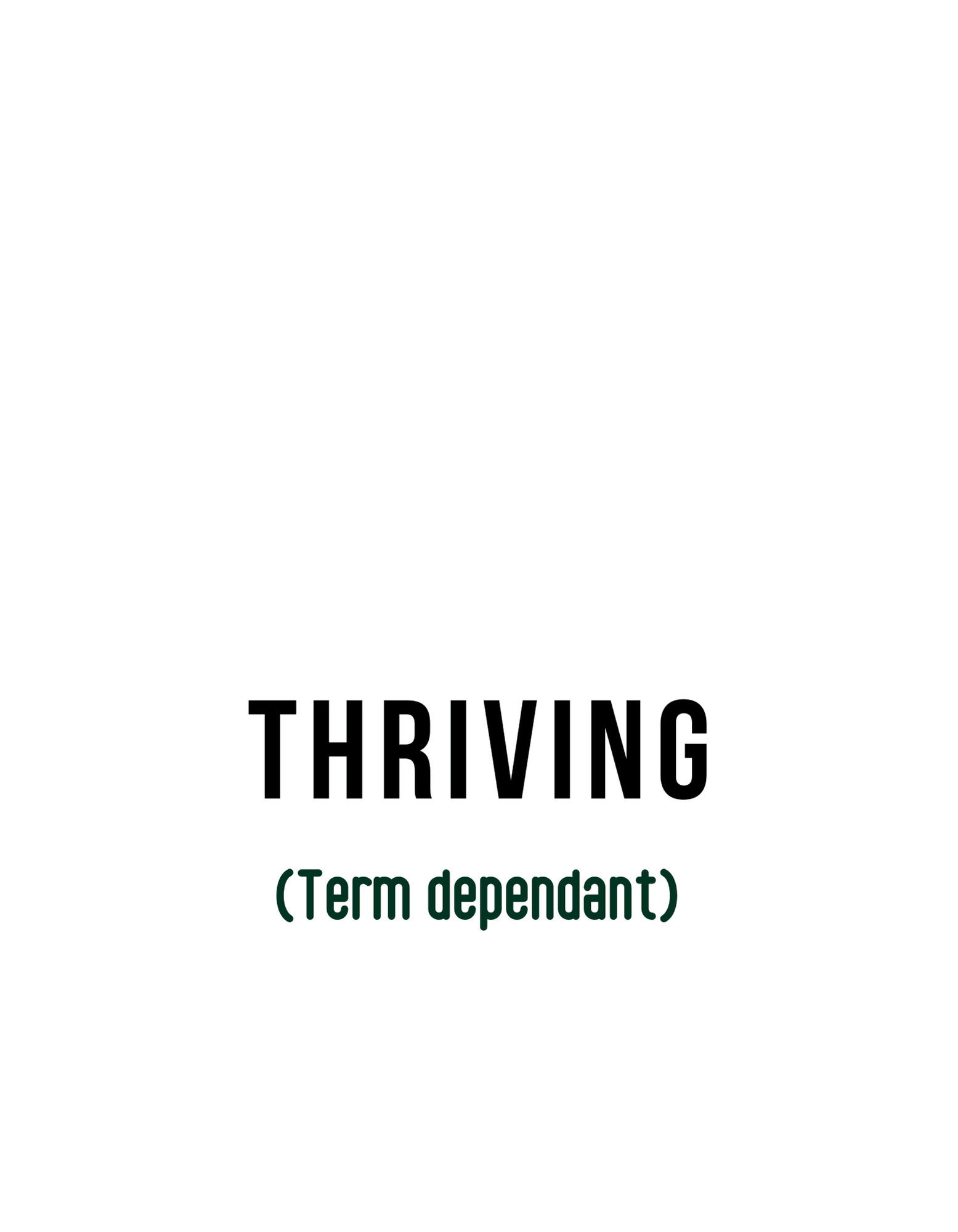 Mug graphic text: “THRIVING” with “(Term dependant)” underneath.