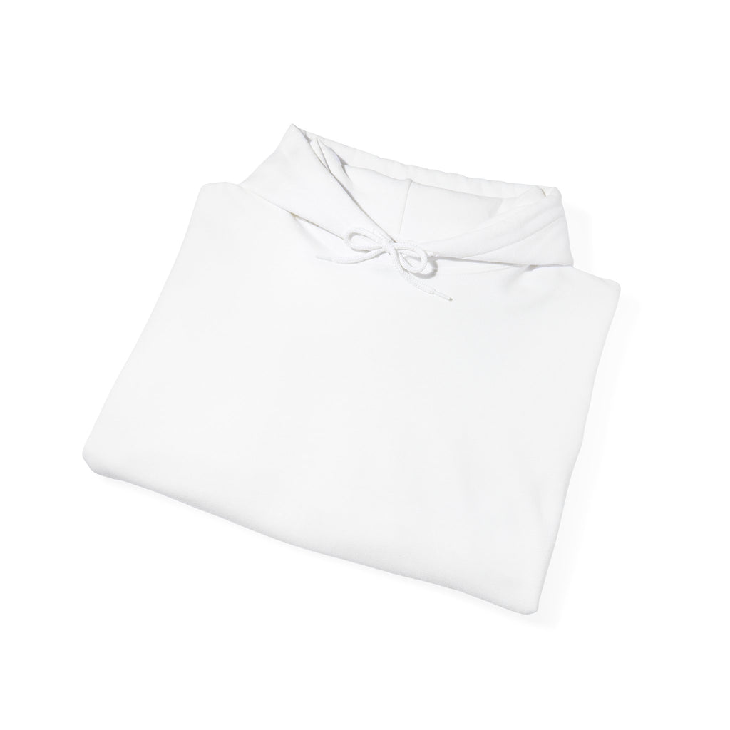 White hoodie laid flat, adjustable drawstring hood