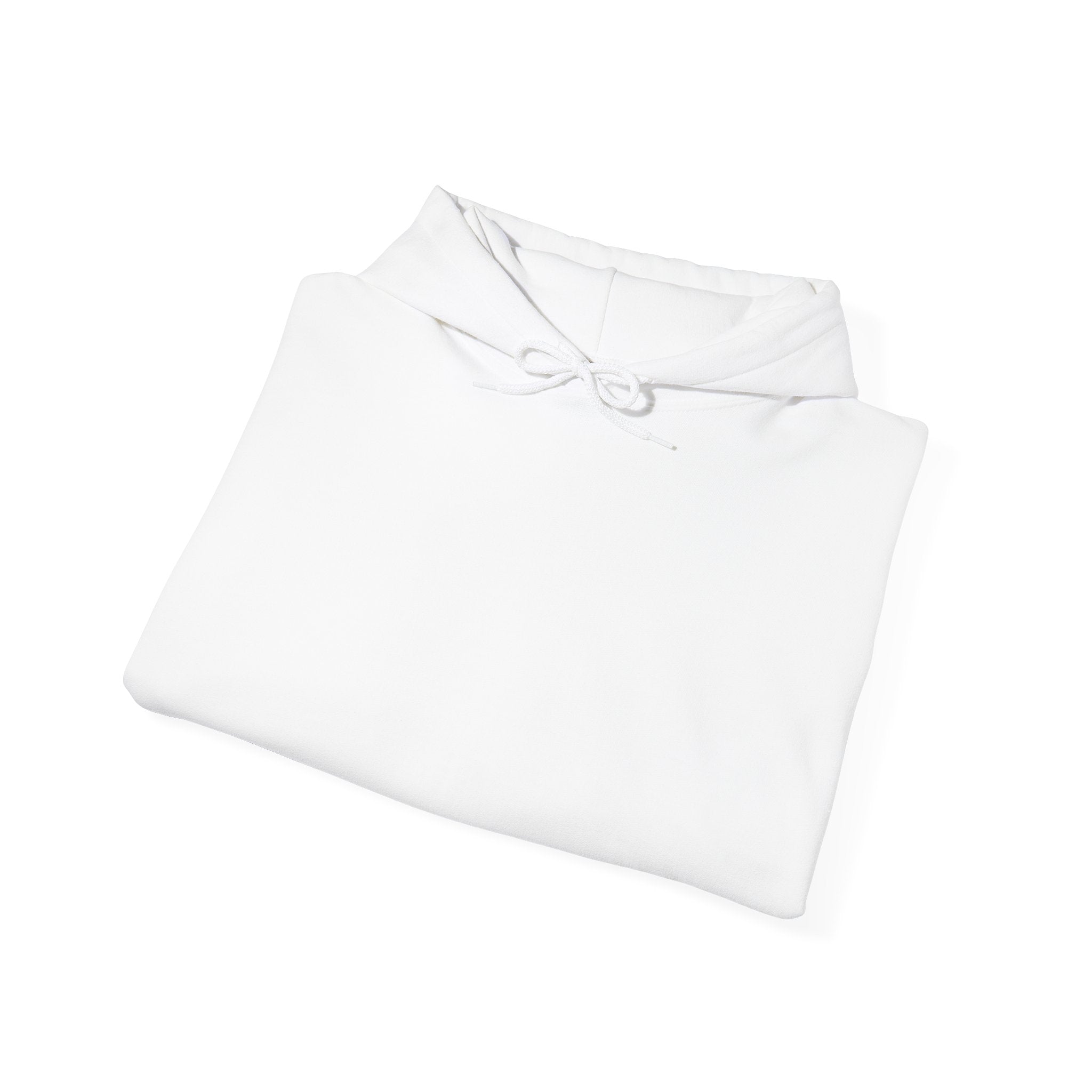 White hoodie laid flat, adjustable drawstring hood