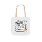 White tote bag with beige handles and colorful quote graphic