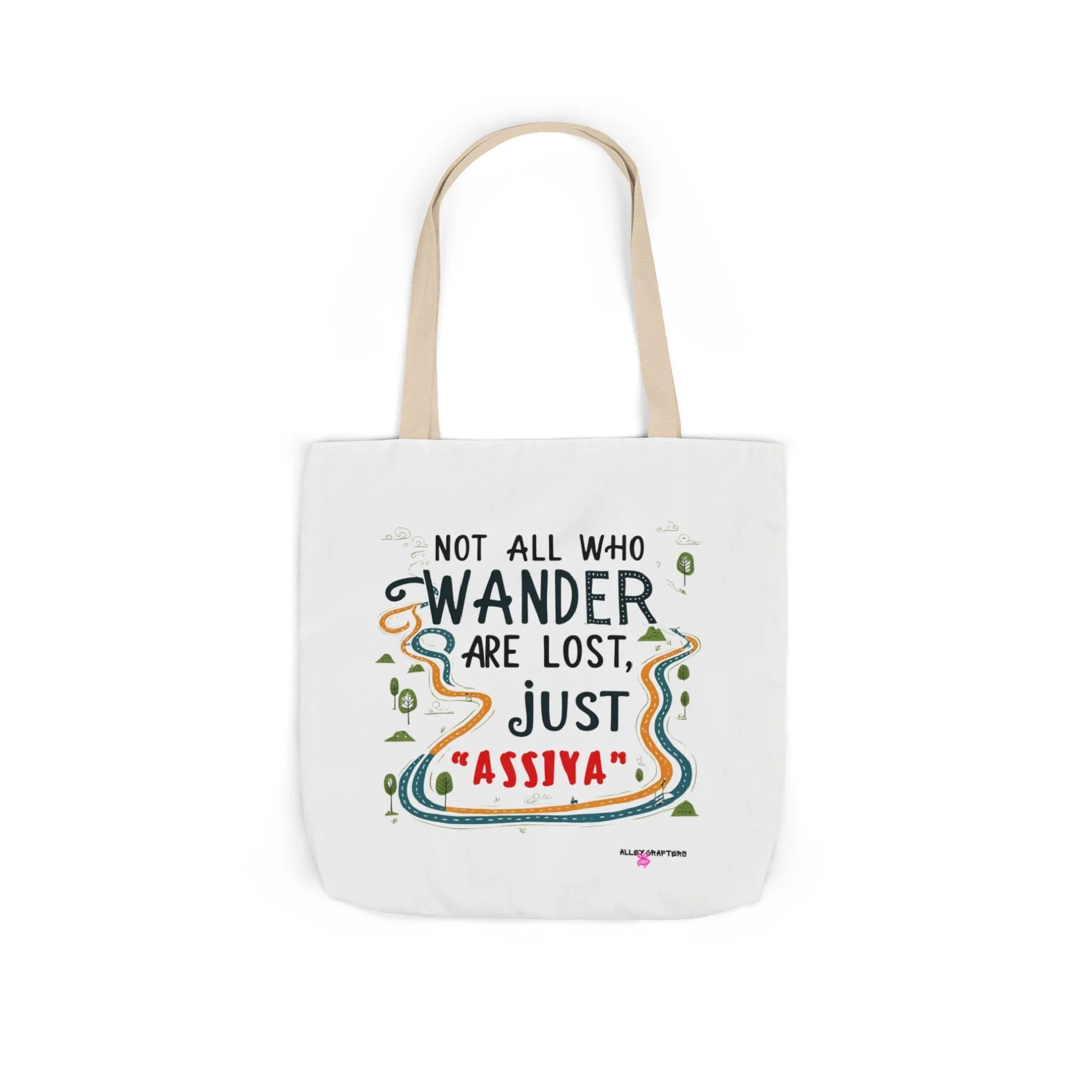 White tote bag with beige handles and colorful quote graphic