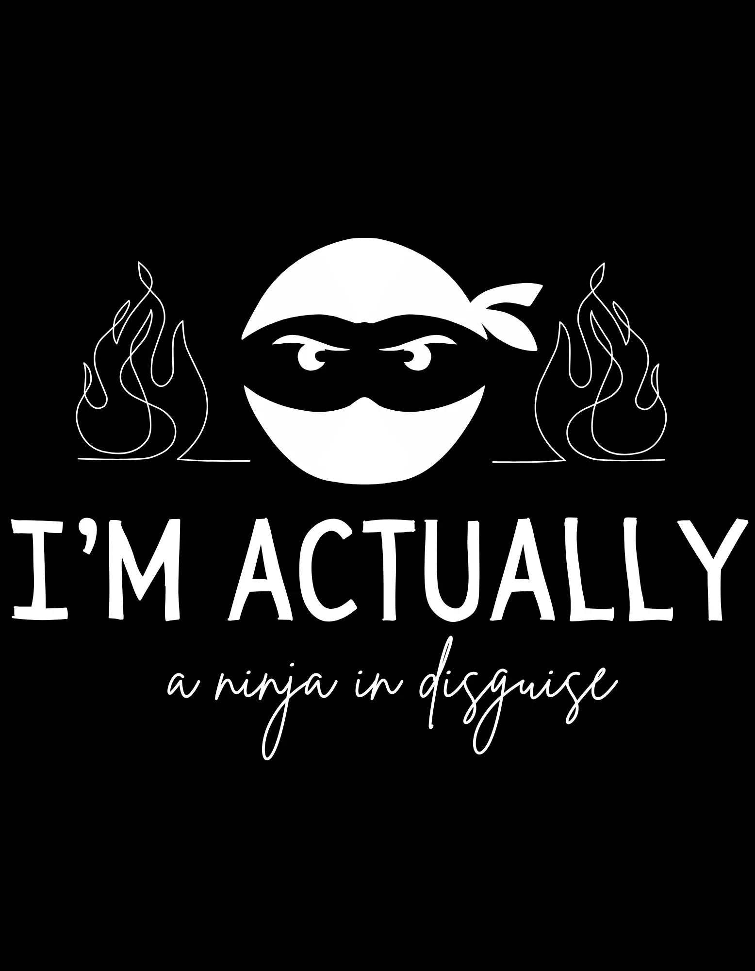 Black tote bag front graphic: ninja face, 'I'M ACTUALLY', and 'a ninja in disguise'.