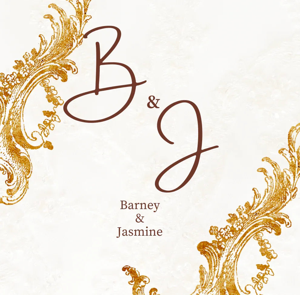 White mug design with gold ornate border, initials B & J, and names Barney & Jasmine