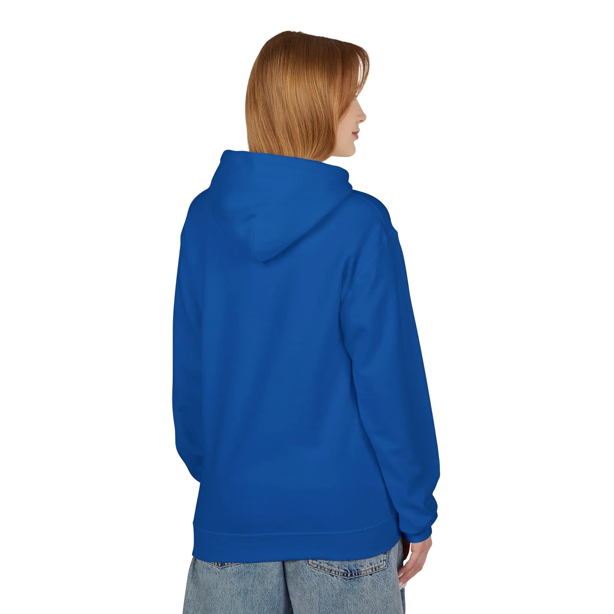 Blue hoodie with hood, back view, full-length sleeves